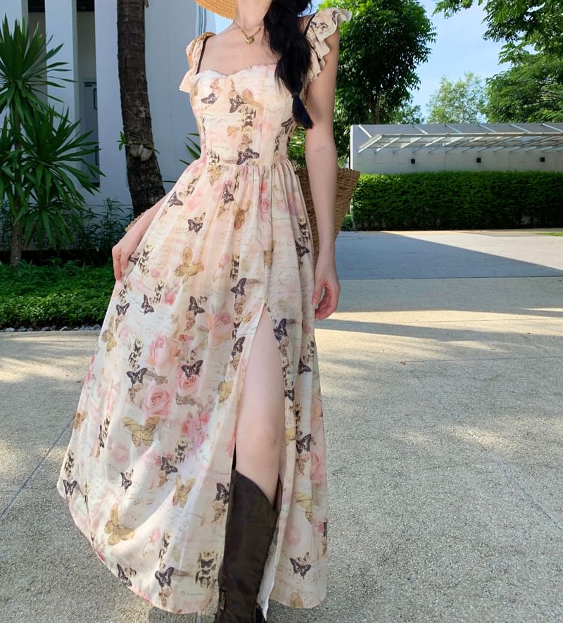 Ruffle Strap Floral Print Slit Midi Sundress