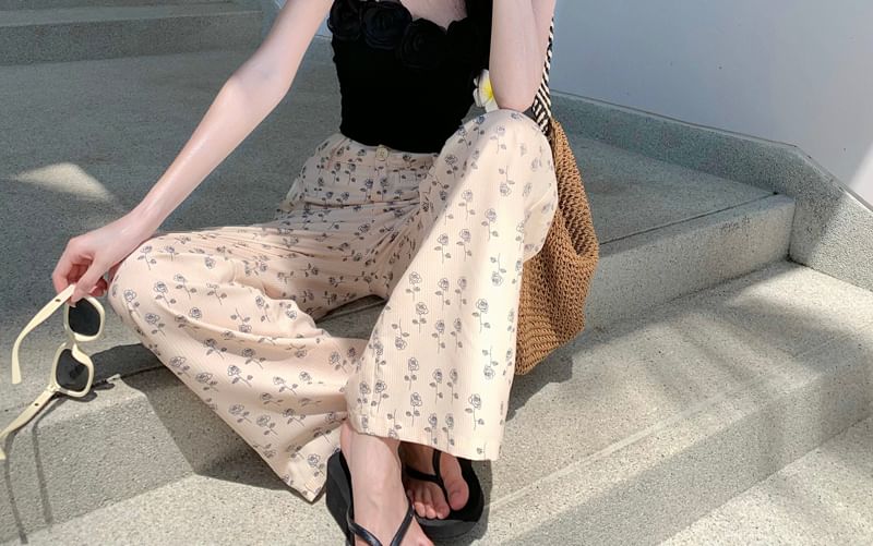 Floral Camisole Top / High Waist Floral Print Wide Leg Pants