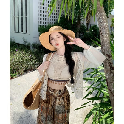 Puff-Sleeve Lace Jacket / High Waist Printed Wide Leg Pants