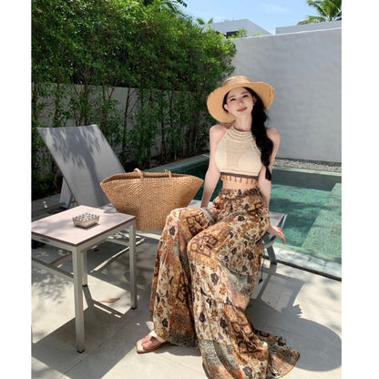 Puff-Sleeve Lace Jacket / High Waist Printed Wide Leg Pants