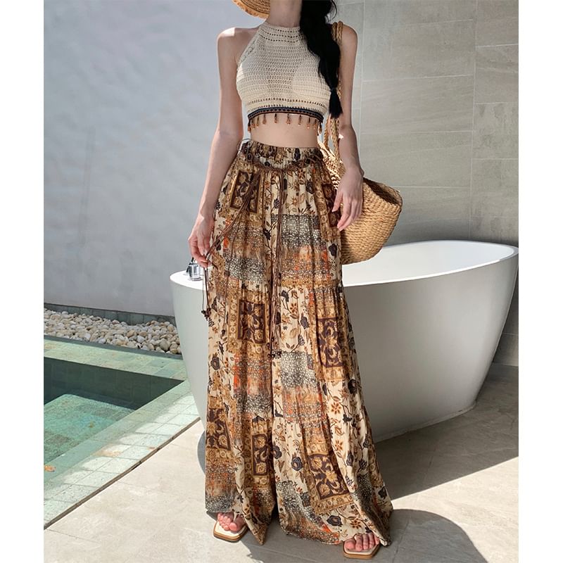 Puff-Sleeve Lace Jacket / High Waist Printed Wide Leg Pants