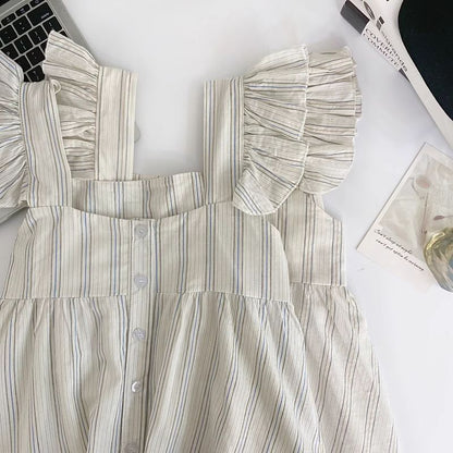 Sleeveless Square Neck Striped Ruffle Button Top