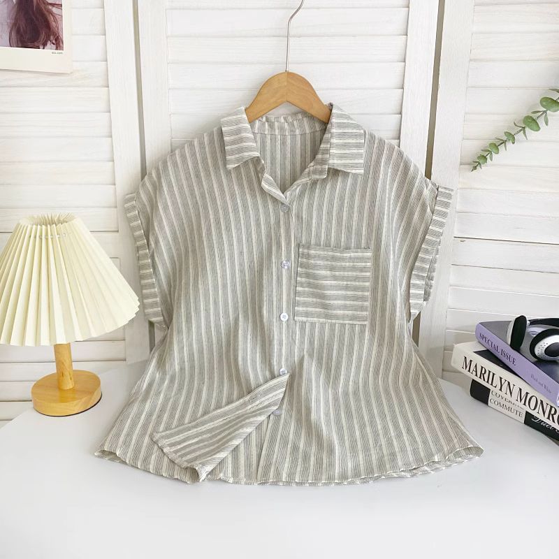 Short-Sleeve Collared Striped Shirt