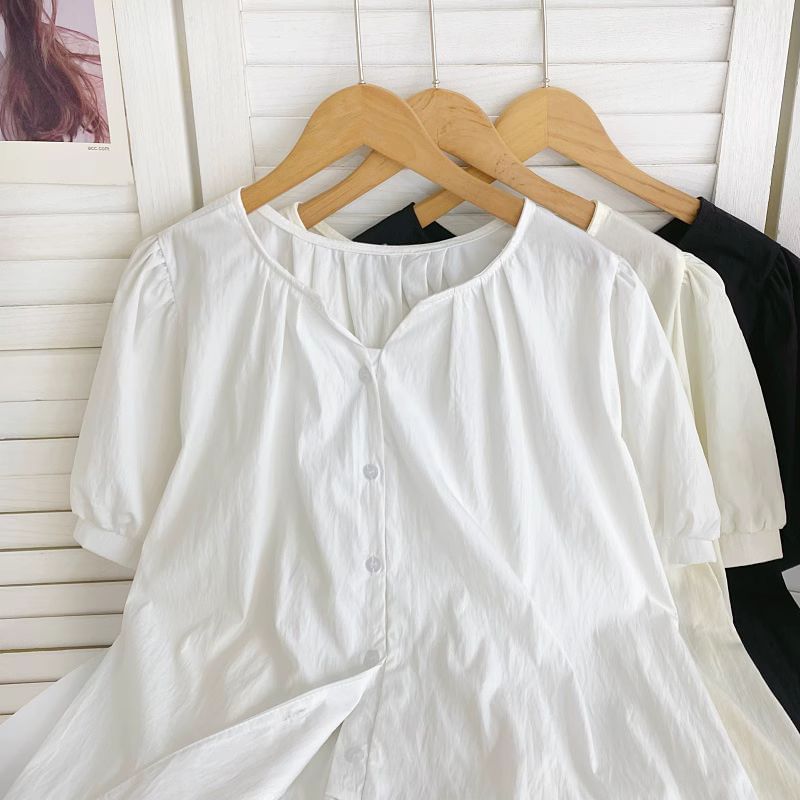 Short-Sleeve V-Neck Ruched Blouse