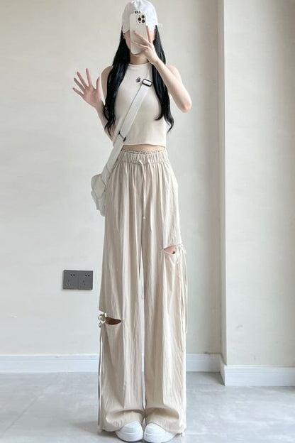 Bow Accent Cutout High Rise Drawstring Wide Leg Sweatpants