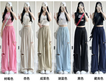 Bow Accent Cutout High Rise Drawstring Wide Leg Sweatpants