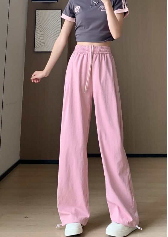 Plain High Waist Drawstring Wide Leg Sweatpants