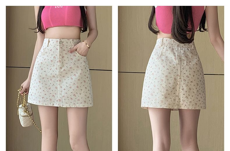 High Waist Floral Denim Mini Pencil Skirt