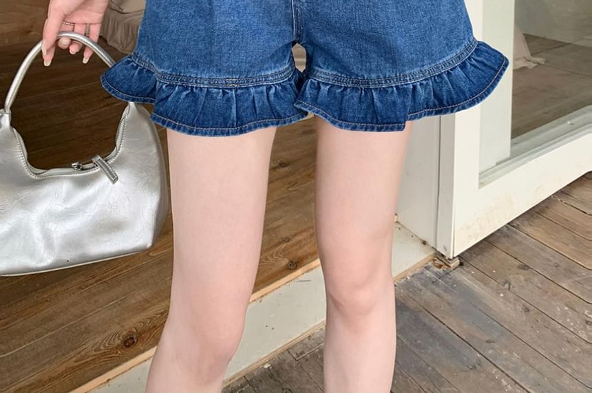 High Waist Ruffle Hem Denim Shorts