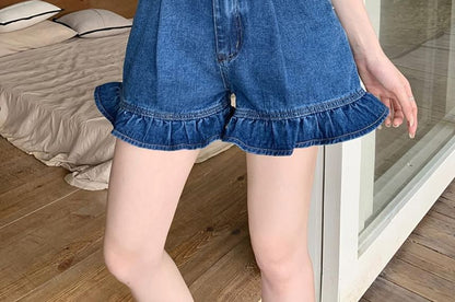 High Waist Ruffle Hem Denim Shorts