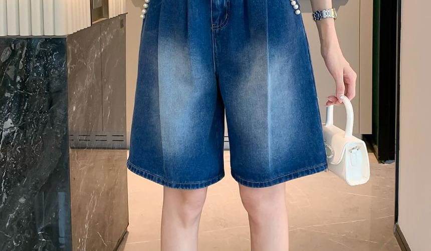 High Waist Bow Beaded Washed Denim Shorts