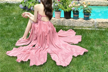 Halter Plain Ruffle Maxi Sundress