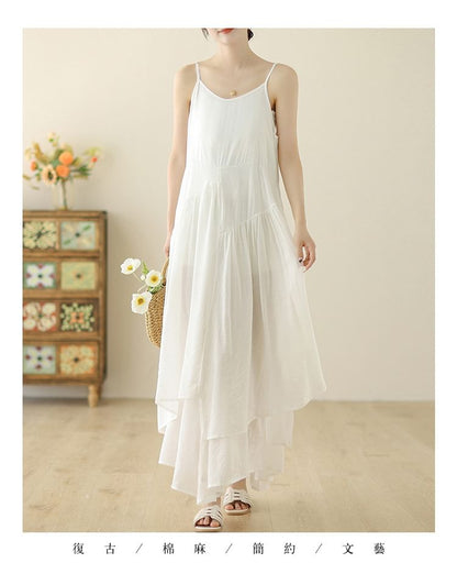 Spaghetti Strap Plain Asymmetrical Maxi Sundress