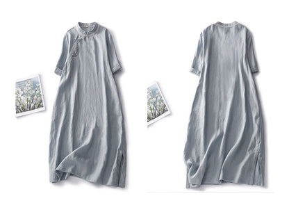 Short-Sleeve Mock Neck Contrast Stitching Midi Smock Dress