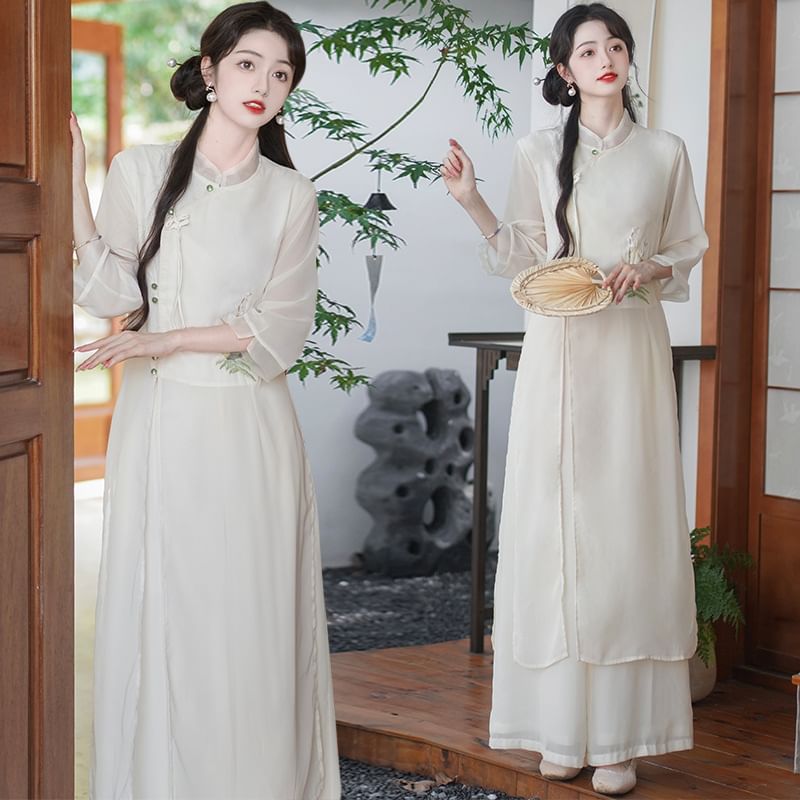 Set: 3/4-Sleeve Flower Embroidered Midi Hanfu Dress + Plain Wide Leg Pants