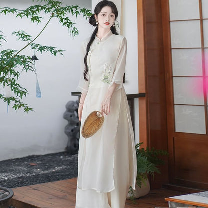 Set: 3/4-Sleeve Flower Embroidered Midi Hanfu Dress + Plain Wide Leg Pants