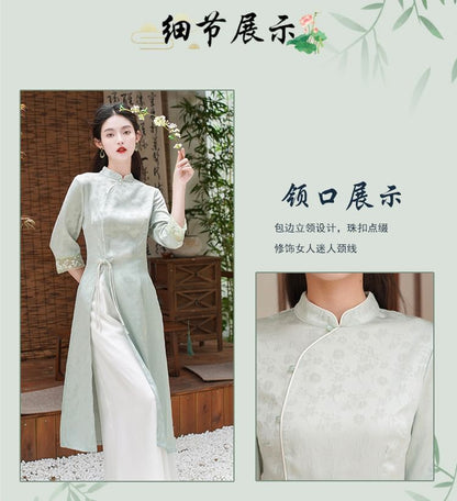 Elbow-Sleeve Floral Side-Slit Midi Hanfu Dress / High Waist Plain Wide Leg Pants / Set