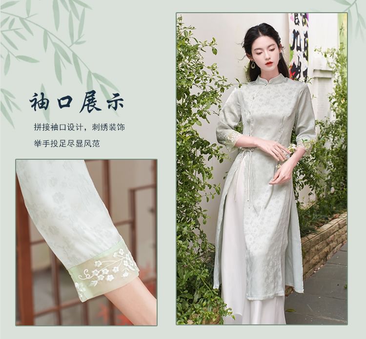 Elbow-Sleeve Floral Side-Slit Midi Hanfu Dress / High Waist Plain Wide Leg Pants / Set