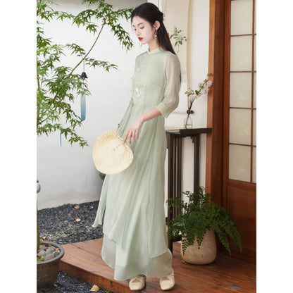 Set: Elbow-Sleeve Flower Embroidered Hanfu Blouse + High Waist Plain Wide Leg Pants