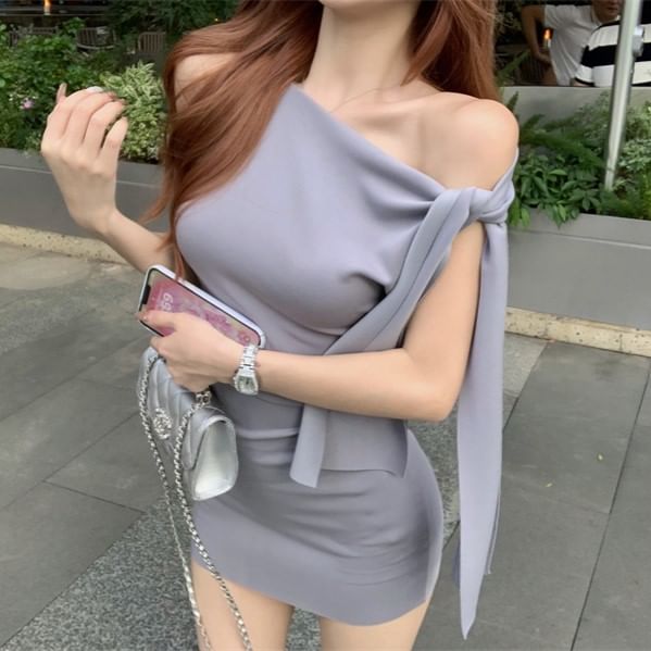 Plain Mini Sheath Tie-Up Sleeveless One Shoulder Dress