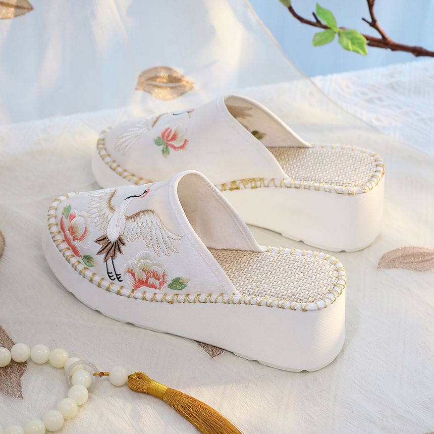 Embroidered Wedge Mules Heel