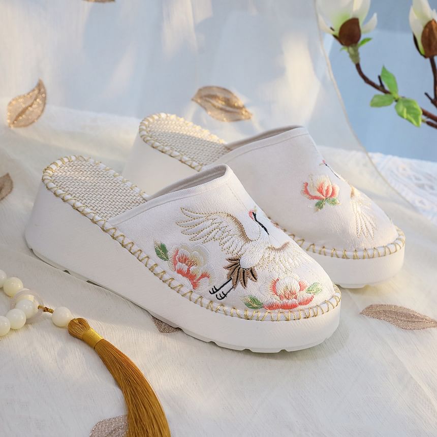 Embroidered Wedge Mules Heel