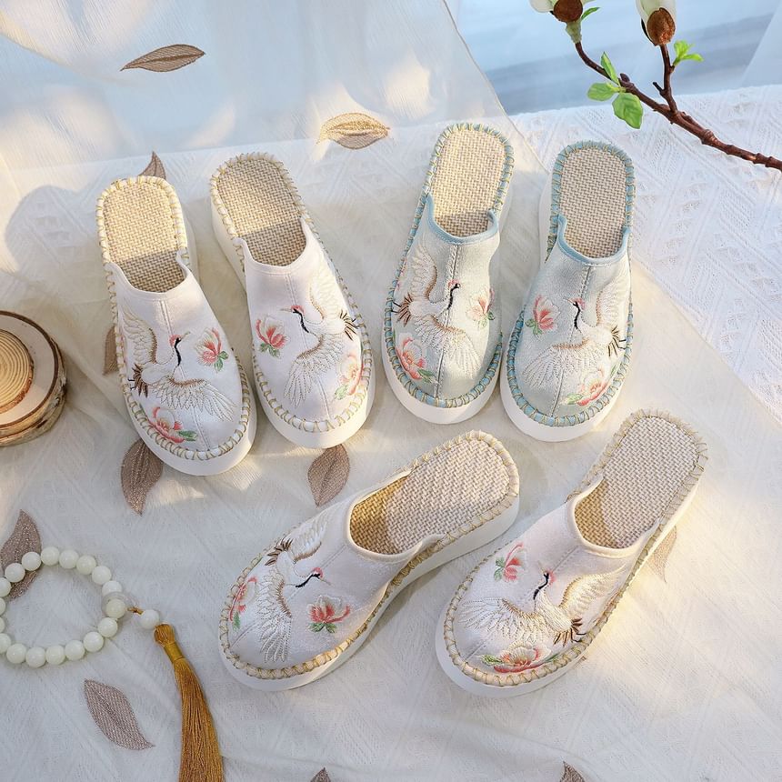 Embroidered Wedge Mules Heel