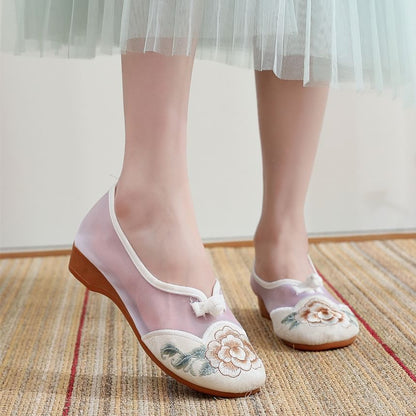 Heel Embroidered Mesh Wedge Slip-Ons