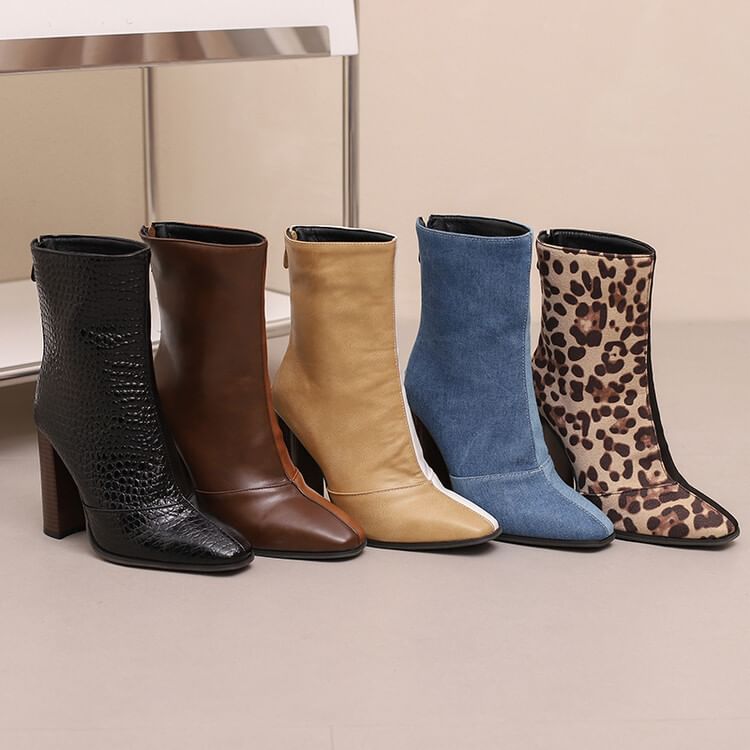 Pointed Toe Heel Boots Chunky Short