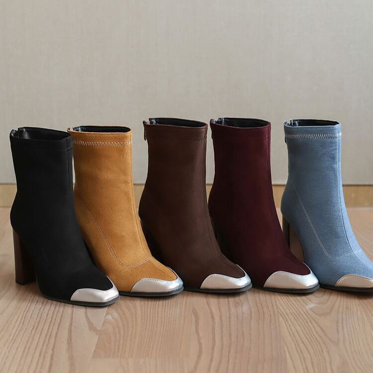 Toe Short Pointed Heel Chunky Boots Denim