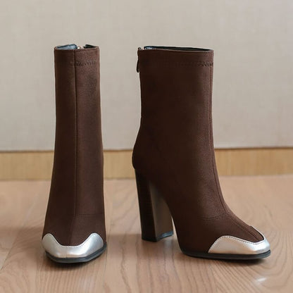 Toe Short Pointed Heel Chunky Boots Denim