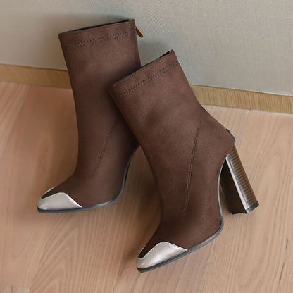 Toe Short Pointed Heel Chunky Boots Denim