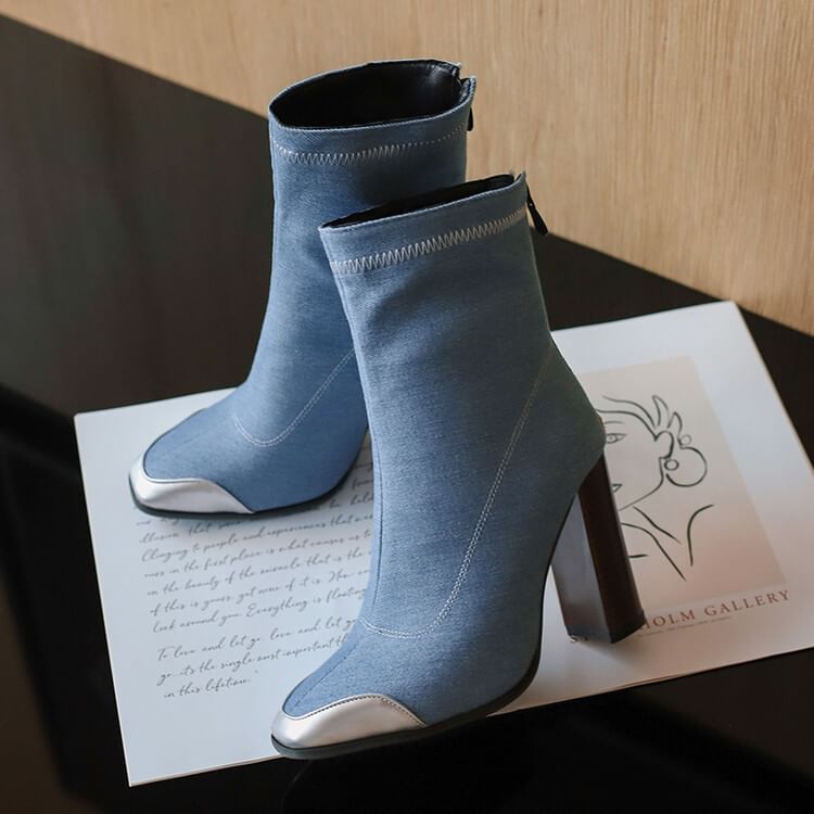 Denim Pointed Toe Chunky Heel Short Boots