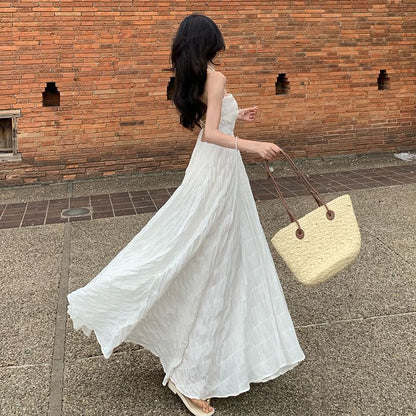 Strap A-Line Crinkle Dress Plain Square Spaghetti Open Neck Maxi Back
