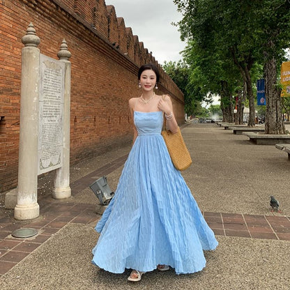 Strap A-Line Crinkle Dress Plain Square Spaghetti Open Neck Maxi Back