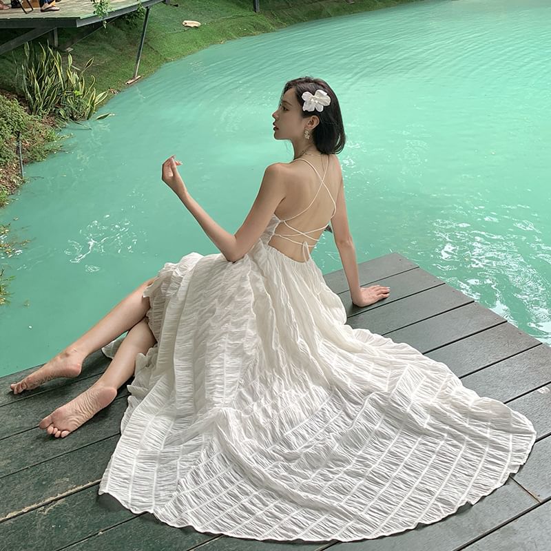 Strap A-Line Crinkle Dress Plain Square Spaghetti Open Neck Maxi Back