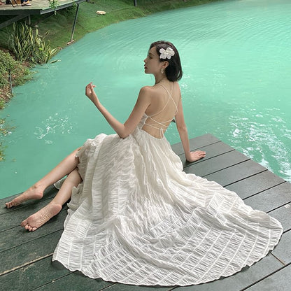 Strap A-Line Crinkle Dress Plain Square Spaghetti Open Neck Maxi Back