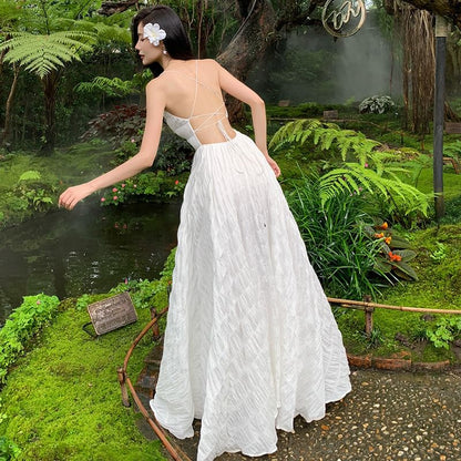 Strap A-Line Crinkle Dress Plain Square Spaghetti Open Neck Maxi Back