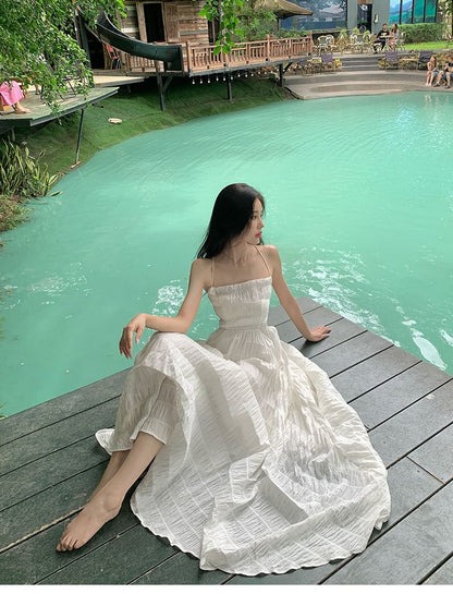 Strap A-Line Crinkle Dress Plain Square Spaghetti Open Neck Maxi Back