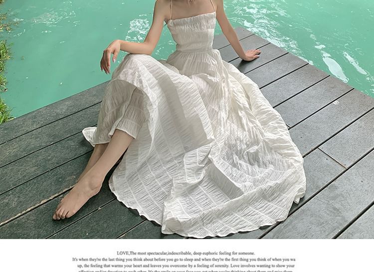 Strap A-Line Crinkle Dress Plain Square Spaghetti Open Neck Maxi Back