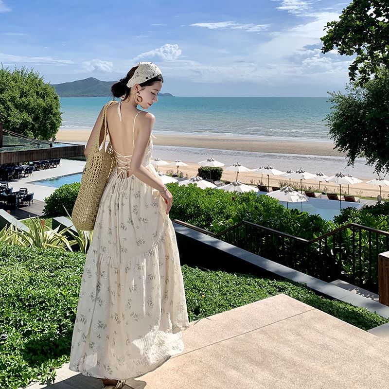 A-Line Square Dress Floral Open Bow Back Accent Print Spaghetti Maxi Strap Neck