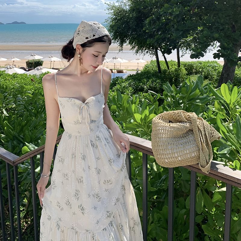 A-Line Square Dress Floral Open Bow Back Accent Print Spaghetti Maxi Strap Neck