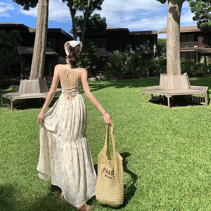 A-Line Square Dress Floral Open Bow Back Accent Print Spaghetti Maxi Strap Neck