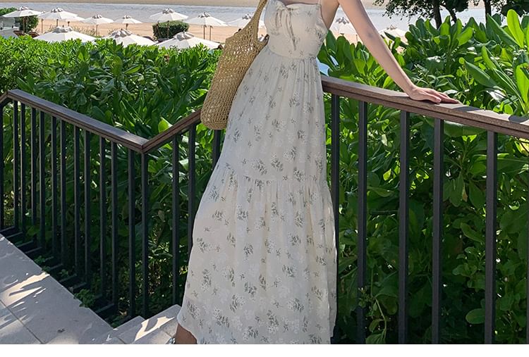 A-Line Square Dress Floral Open Bow Back Accent Print Spaghetti Maxi Strap Neck