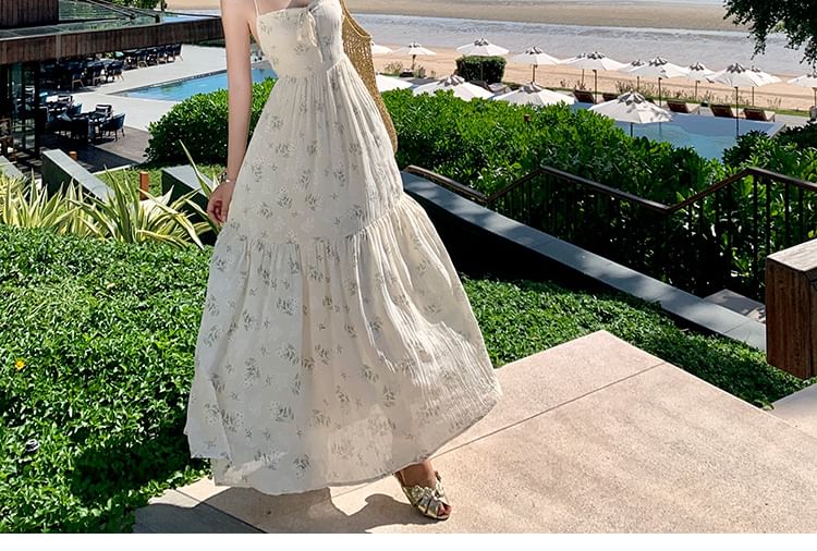 A-Line Square Dress Floral Open Bow Back Accent Print Spaghetti Maxi Strap Neck