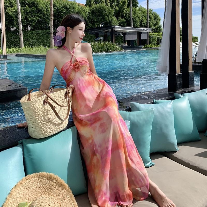 Maxi Accent Dress A-Line Halter Neck Open Ruched Floral Back Tie Dye