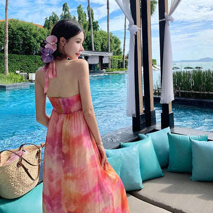 Maxi Accent Dress A-Line Halter Neck Open Ruched Floral Back Tie Dye