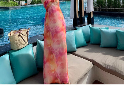 Maxi Accent Dress A-Line Halter Neck Open Ruched Floral Back Tie Dye