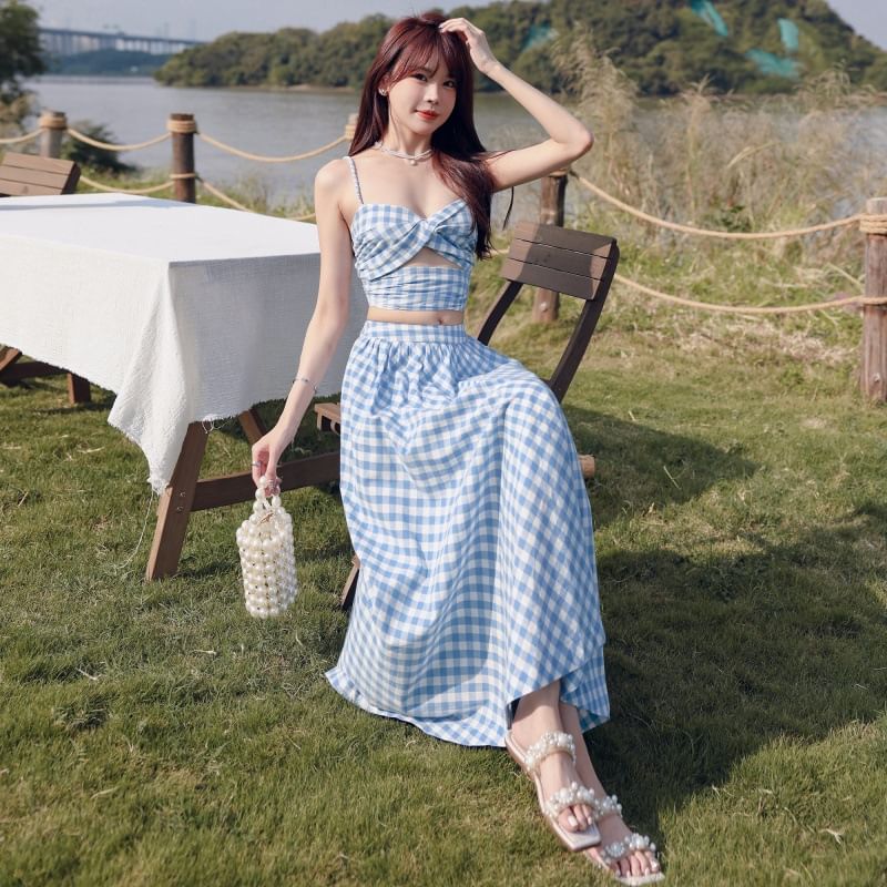 + Gingham High A-Line Top Cutout Waist Skirt Open Crop V-Neck Midi Ruched Back Camisole Set: