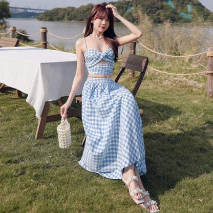 + Gingham High A-Line Top Cutout Waist Skirt Open Crop V-Neck Midi Ruched Back Camisole Set: